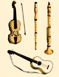 Musik (1850) published in Copenhagen, a vintage illustration of a violin, classical guitar and flute variants. Digitally enhanced from our own original chromolithograph.. Free illustration for personal and commercial use.