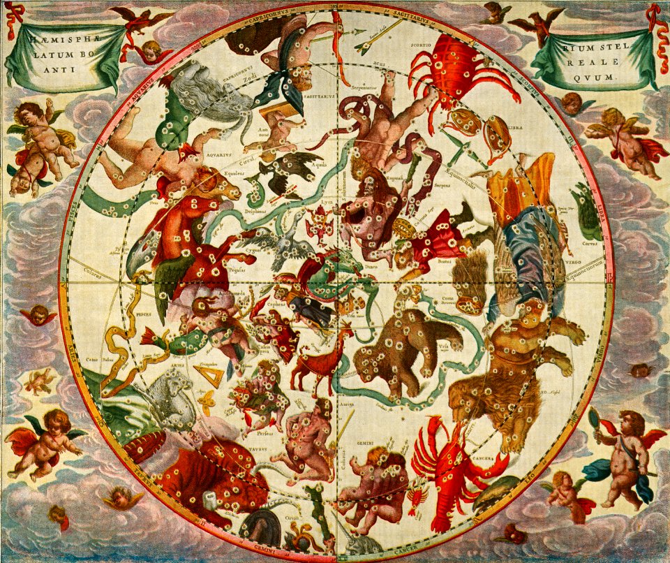The northern stellar hemisphere of antiquity from The Harmonia Macrocosmica of Andreas Cellarius (1660). Digitally enhanced from our own antique print.