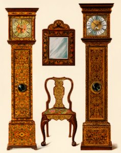 An illustration of Edwardian furniture (1905) drawn by Shirley Slocombe, a beautifully detailed design of a wooden chair, framed mirror and two grandfather clocks. Digitally enhanced from our own original chromolithographic plate.. Free illustration for personal and commercial use.