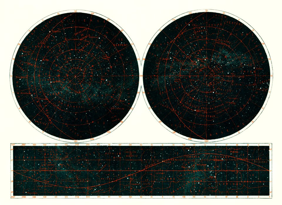Constellations of the Two Hemispheres (1877) from the book by Guillemin, Amédée, (1826-1893), a celestial chart of the two hemispheres in the night sky. Digitally enhanced from our own original chromolithograph.. Free illustration for personal and commercial use.