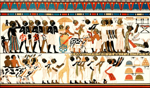 Ancient Eygptian Painting (1904), depicting an ancient vibrantly colored illustration of Nubian chiefs bringing gifts to their king. Digitally enhanced from our own antique print.