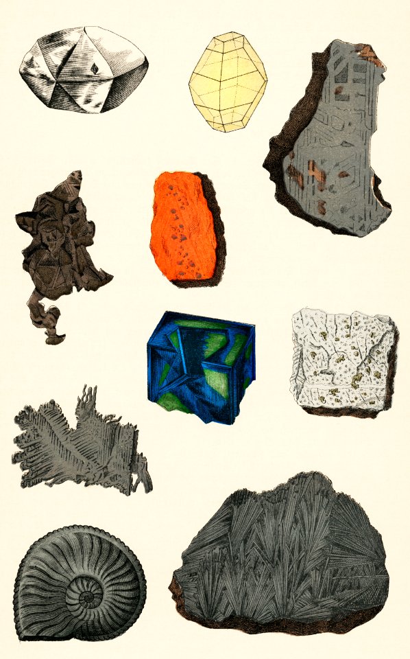 Natural History concept print (1880) by Emil Hochdanz (1816-1855), a collection of colorful gemstones. Digitally enhanced from our own original chromolithographic plate.. Free illustration for personal and commercial use.