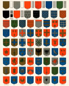 A collection of colorful ancient French heraldic blazons from the book, Nouveau Larousse illustré : dictionnaire universel encyclopédique by Larousse, Pierre and Augé, Claude. Digitally enhanced from our own original chromolithograph.