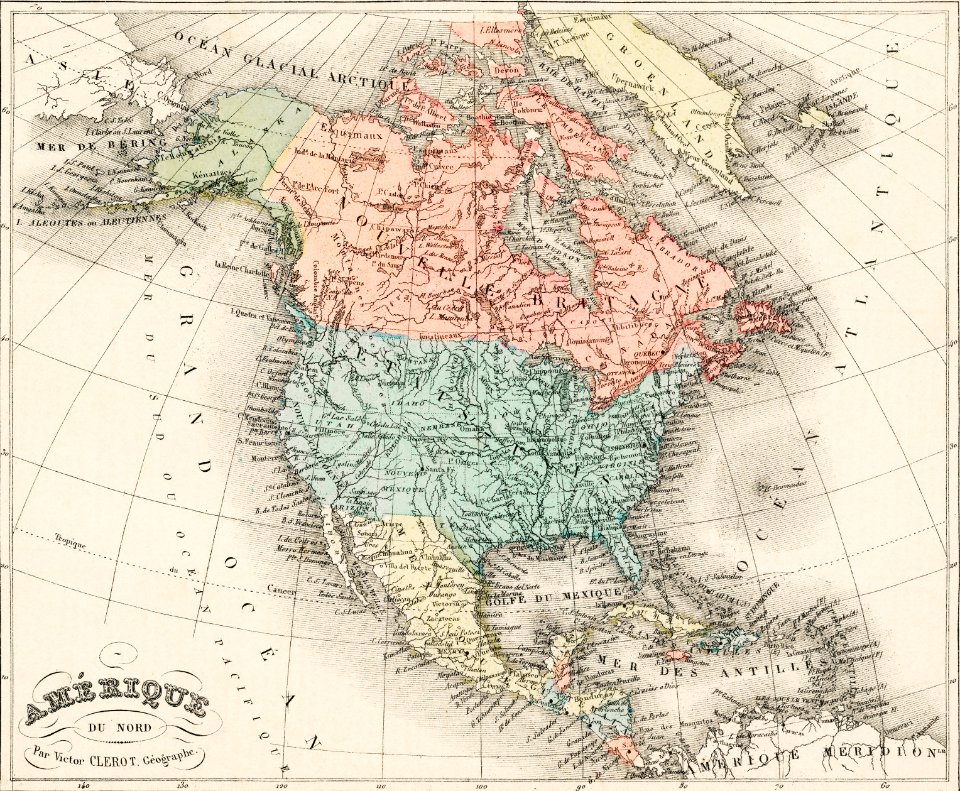Amerique du Nord from Atlas Universel by Arthème Fayard, pseudonyme F. de la Brugere (1836-1895), published in 1878, vintage cartographic map of the United States of America, Canada and Mexico. Digitally enhanced from our own original plate.