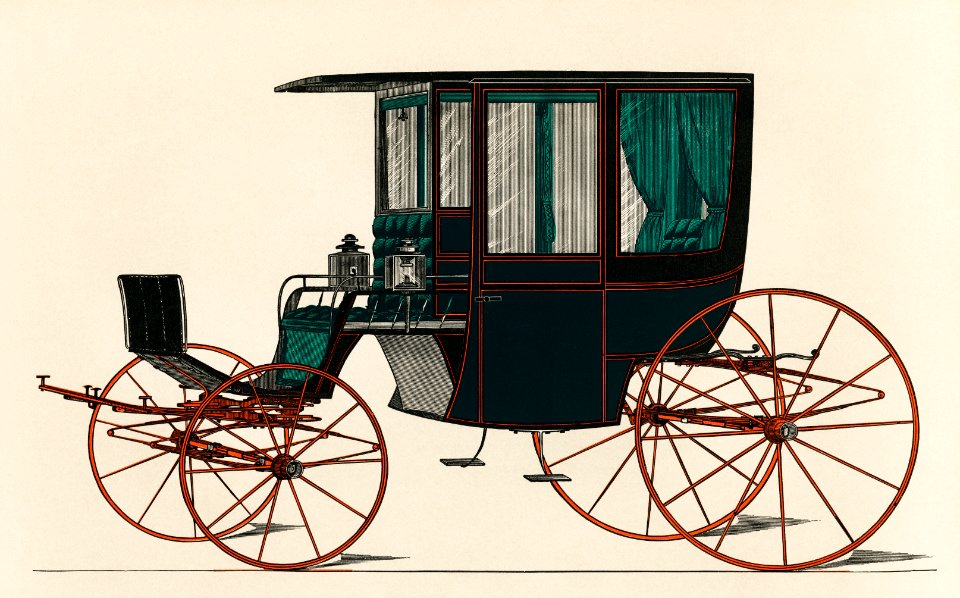 Illustration of a black antique carriage (1885), a vintage drawing of a coach from an issue of the very scarce coach-maker’s journal, The Hub. Digitally enhanced from our own original chromolithograph.