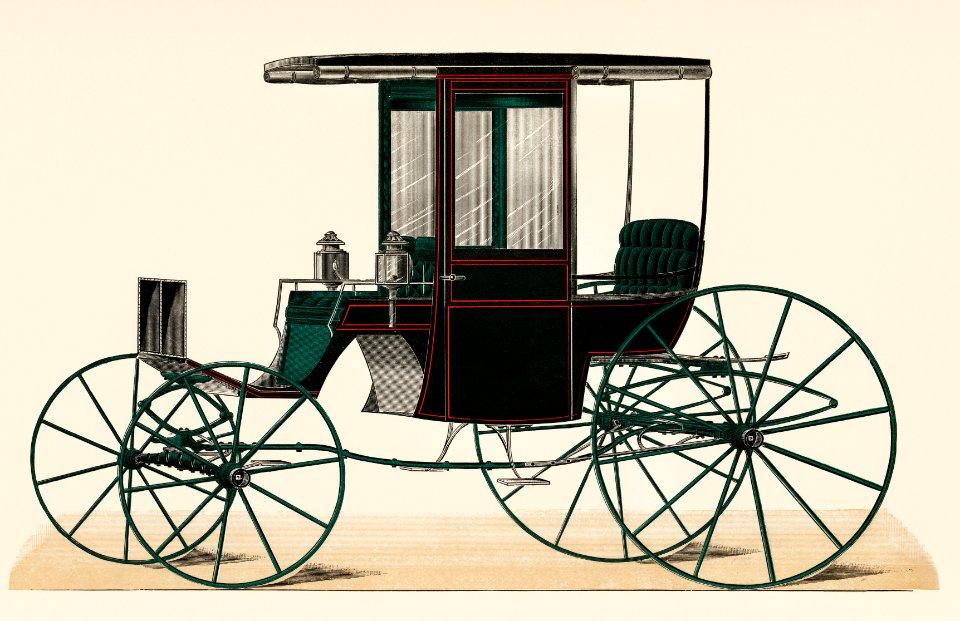 Illustration of a black antique carriage (1885), a vintage drawing of a coach from an issue of the very scarce coach-maker’s journal, The Hub. Digitally enhanced from our own original chromolithograph.