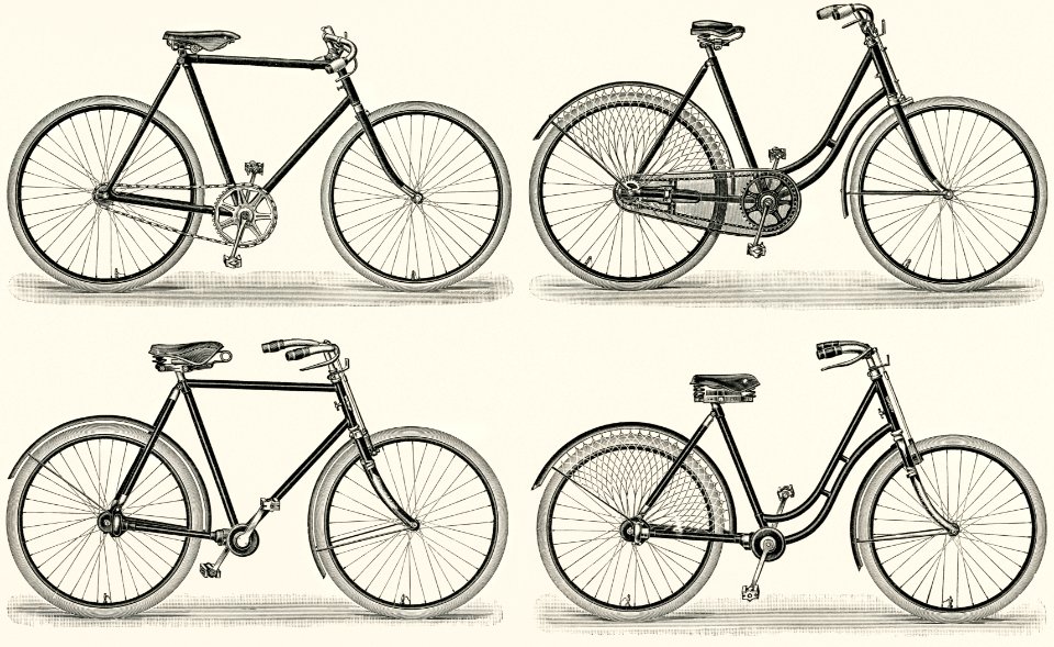 Fahrrader 1 (1894) from the German series, Meyers Konversations Lexikon, a black and white lithograph of different types of bicycles. Digitally enhanced from our own original antique plate.. Free illustration for personal and commercial use.