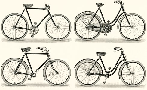 Fahrrader 1 (1894) from the German series, Meyers Konversations Lexikon, a black and white lithograph of different types of bicycles. Digitally enhanced from our own original antique plate.. Free illustration for personal and commercial use.