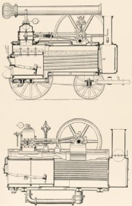 Lokomobilen 1 (1894) by an unknown artist, a beautifully detailed design of a train engine and its compartments. Digitally enhanced from our original chromolithographic plate.. Free illustration for personal and commercial use.