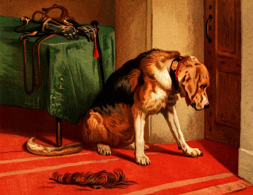 Suspense (1877) by sir Edwin Landseer, a Victorian bloodhound mastiff waiting. Digitally enhanced from our own original plate.. Free illustration for personal and commercial use.