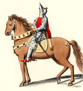 Costume Militaire Florentin, XVe Siecle, translated Florentine Military Costume, 15th Century by Paul Mercuri (1860) a portrait of a knight on horse back with full armor. Digitally enhanced from our own original plate.