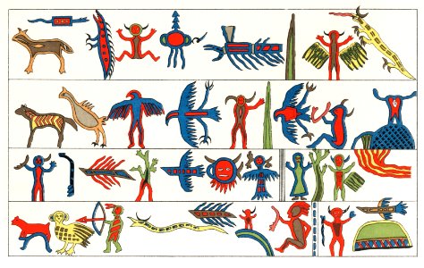 Objibaw Characters an Indian native art published by the Institute Bibliographic of Leipzig (1897). Digitally enhanced from our own original plate.