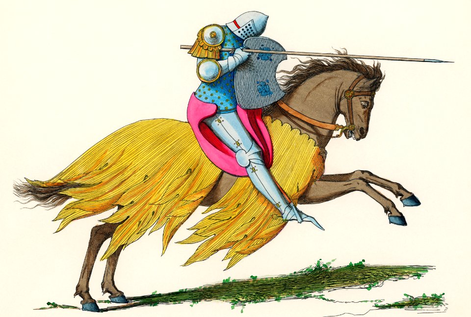 Chevalier Francais, XIVe Siecle, translated French Knight, 14th Century, by Paul Mercuri (1860), a a knight on horse back with full armor ready to joust. Digitally enhanced from our own original plate.. Free illustration for personal and commercial use.