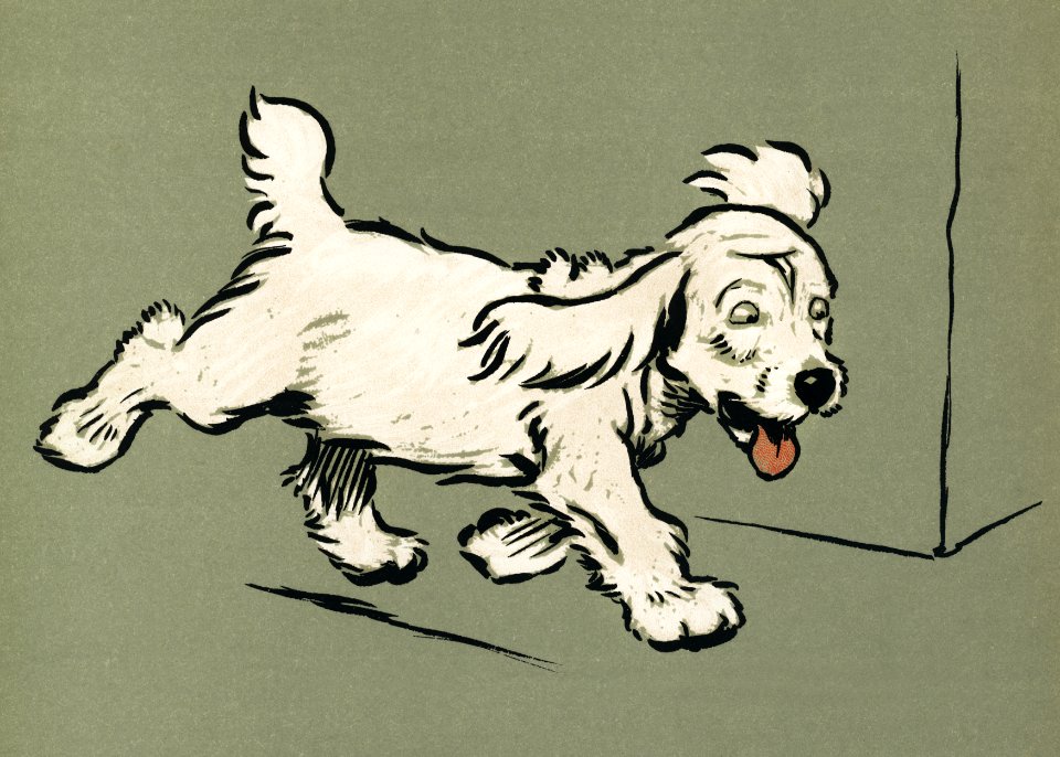 The White Puppy Book by Cecil Aldin (1910), a white dog ‘Rags’ running emotionally distressed. Digitally enhanced from our own original plate.