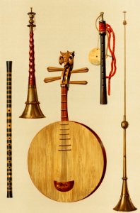 Saimisen, Kokiu and Biwa (1888) by William Gibb (1839-1929), a chromolithograph of a traditional musical instruments. Digitally enhanced from our own original plate.. Free illustration for personal and commercial use.