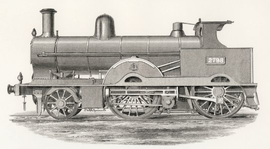 Locomotive (1891) by Francis William Webb (1836–1906), a beautifully detailed design of an engine train and its compartments. Digitally enhanced from our own original plate.. Free illustration for personal and commercial use.