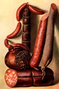 The Grocer's Encyclopedia (1911), an illustrated assortment of various types of appetizing sausages. Digitally enhanced from our own original plate.