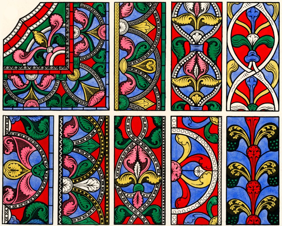 Specimens of the Glass in the Nave (1845) by John Bowne, a vibrantly colored painting of the vintage glass of York Cathedral. Digitally enhanced from our own original plate.