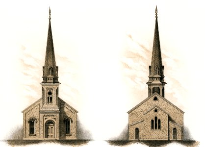 Illustration of a frontside and a backside of an American church by Samuel Sloan (1815–1884), a vintage drawing of a simple architecture. Digitally enhanced from our own original plate.. Free illustration for personal and commercial use.