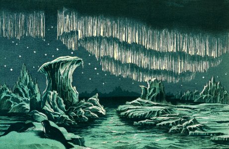 Aurora Borealis in High Latitudes from the book William MacKenzie’s National Encyclopedia (1891), a colored illustration of the beautiful polar lights in the night sky. Digitally enhanced from our own original plate.