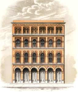 Front elevation from the book City & Suburban Architecture, Lippincott by Samuel Sloan (1815–1884). A frontal view of a suburban store built with bricks. Digitally enhanced from our own original plate.