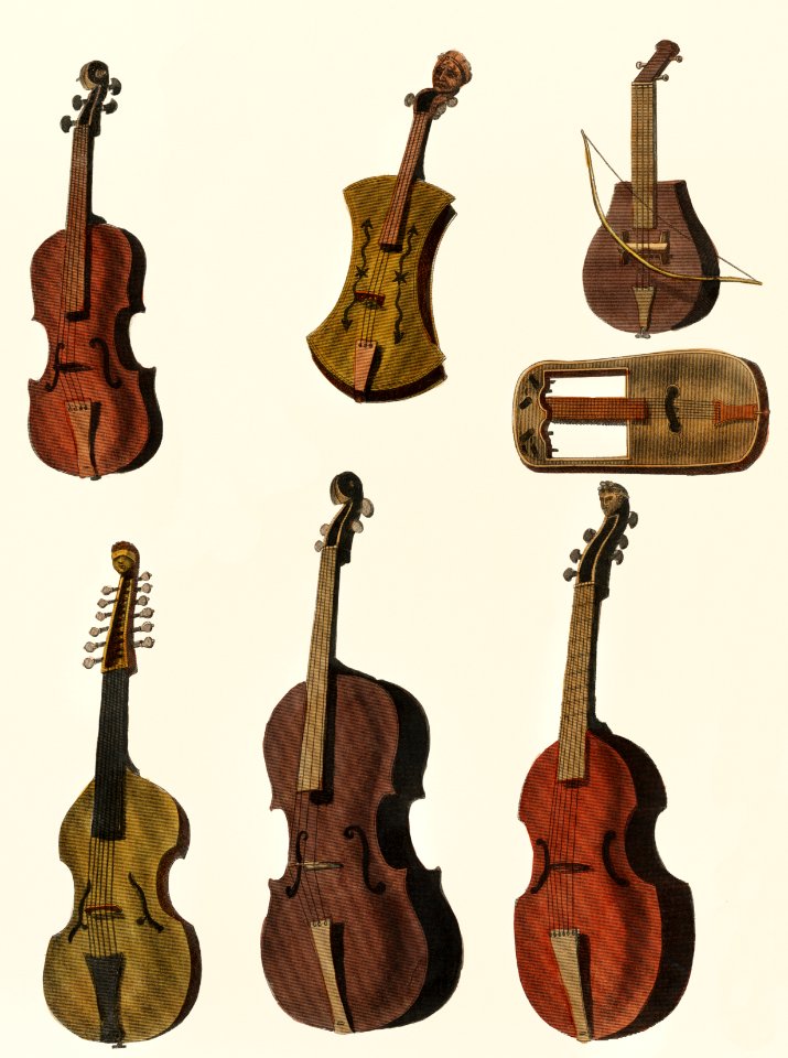 A collection of antique violin, viola, cello and more from Encyclopedia Londinensis; or Universal Dictionary of Arts, Sciences and Literature (1810). Digitally enhanced from our own original plate.