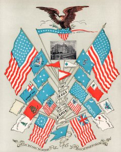 The Flags of the Union (1901), a vibrantly colored illustration of various USA flags and a bald eagle perched on top. Digitally enhanced from the original plate.