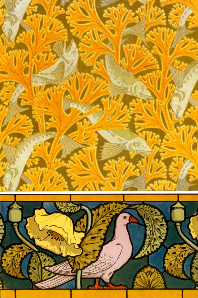 Poisson et algues, papier peint; pigeon et pavots, bordure de vitrail from L'animal dans la décoration (1897) illustrated by Maurice Pillard Verneuil.