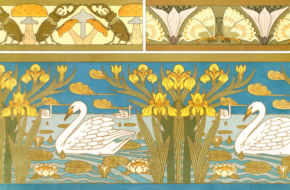 Lucanes et champignons, oxalides et papillons, bordure; cygnes, iris et nénuphars, émail cloisonnéfrom L'animal dans la décoration (1897) illustrated by Maurice Pillard Verneuil.
