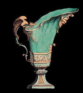 A lithograph of an antique green vase (1866), a beautiful green vase with fantastical decoration. Digitally enhanced from our own original plate.. Free illustration for personal and commercial use.