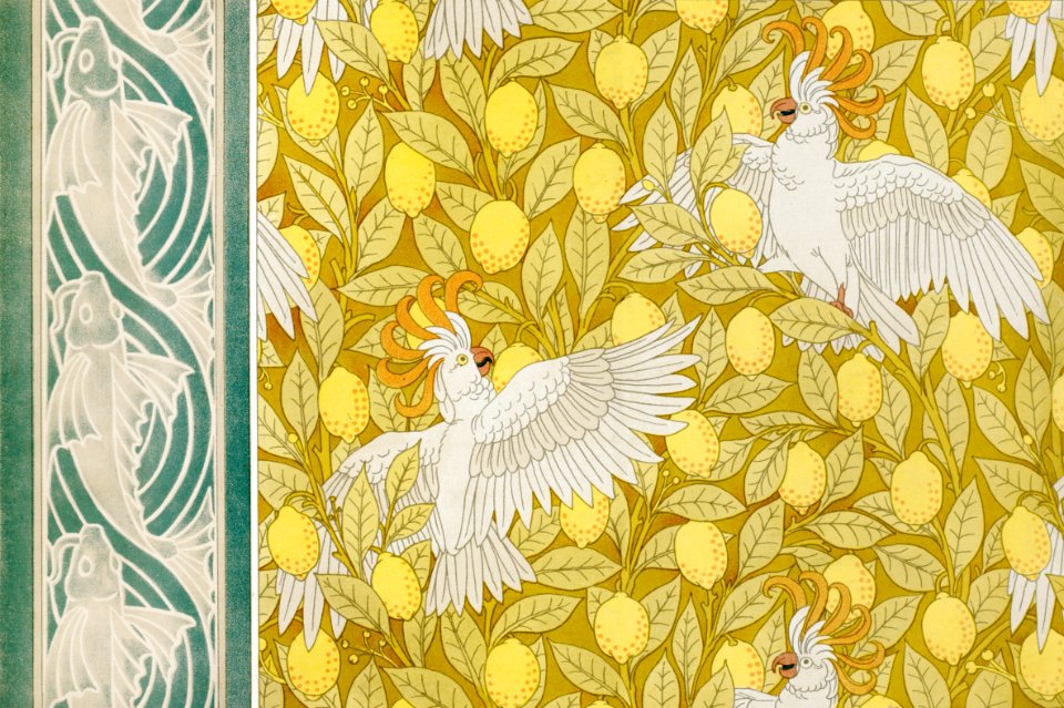 Poissons, frise au pochoir. Cacatoës et citrons, cretonne from L'animal dans la décoration (1897) illustrated by Maurice Pillard Verneuil.​​​​​​