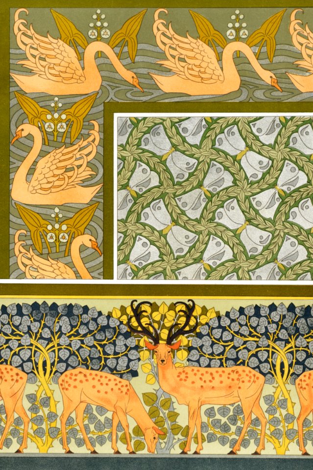 Cygnes et sagittaire, bordure. Pappillons et feuillages, étoffe. Cerfs et biches, frise from L'animal dans la décoration (1897) illustrated by Maurice Pillard Verneuil.