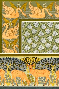 Cygnes et sagittaire, bordure. Pappillons et feuillages, étoffe. Cerfs et biches, frise from L'animal dans la décoration (1897) illustrated by Maurice Pillard Verneuil.