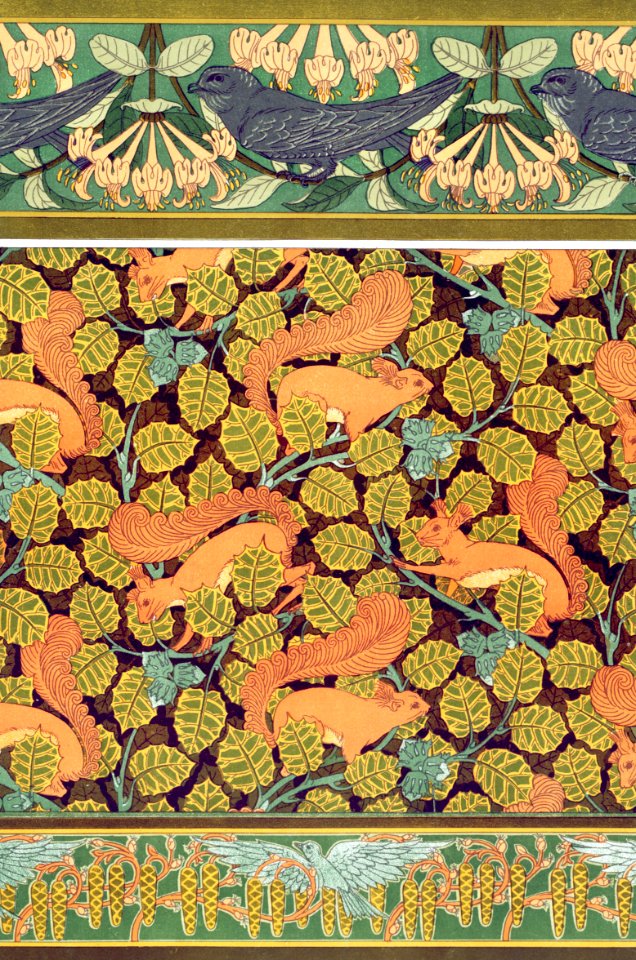 Martinets et chèvrefeuille, bordure. Écureuils et noisetier, papier peint. Oiseaux et noisetier en fleur, bordure from L'animal dans la décoration (1897) illustrated by Maurice Pillard Verneuil.
