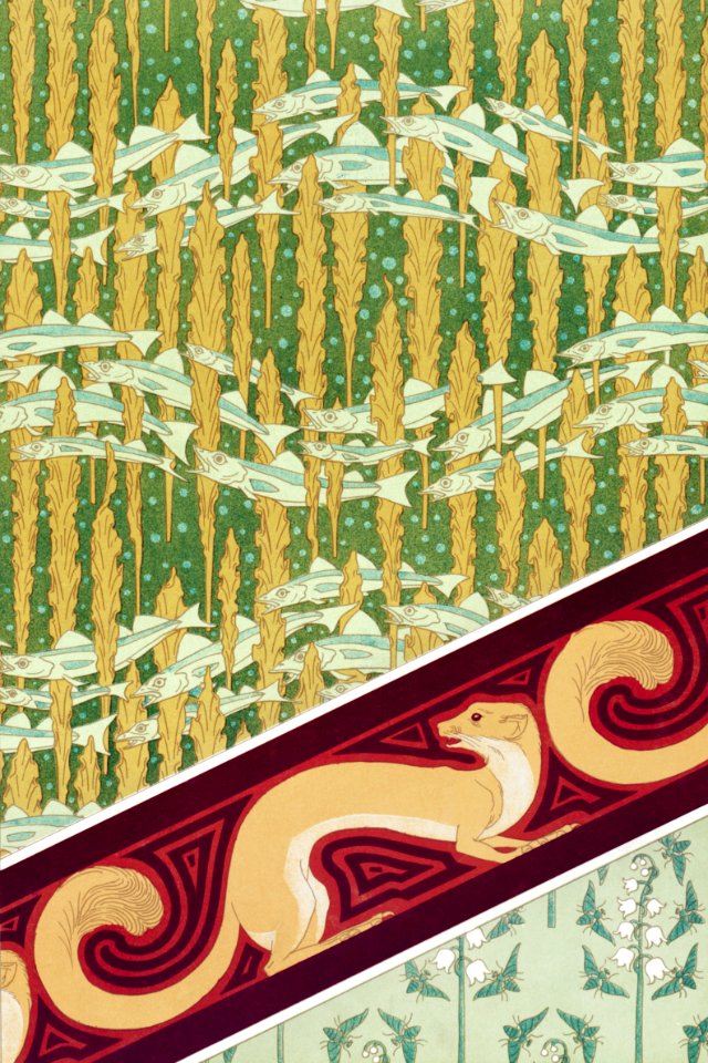 Merlans et algues, papier peint. Mouches et muguet, étoffe de soie. Hermine vulgaire, bordure from L'animal dans la décoration (1897) illustrated by Maurice Pillard Verneuil.