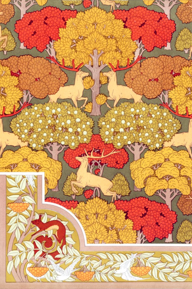 Cerfs et arbres, papier peint. Écureuil oiseaux et sorbier, bordure from L'animal dans la décoration (1897) illustrated by Maurice Pillard Verneuil.