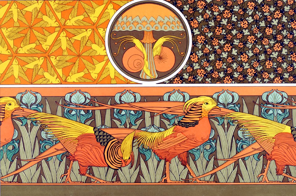 Oiseaux, jeu de fond. Escargots et champignon. Coccinelles et capillaires, étoffe. Faisan dorés et iris, bordurefrom L'animal dans la décoration (1897) illustrated by Maurice Pillard Verneuil.
