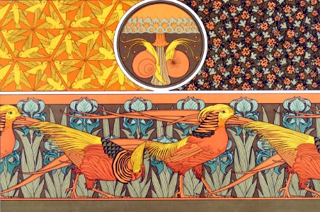 Oiseaux, jeu de fond. Escargots et champignon. Coccinelles et capillaires, étoffe. Faisan dorés et iris, bordurefrom L'animal dans la décoration (1897) illustrated by Maurice Pillard Verneuil.