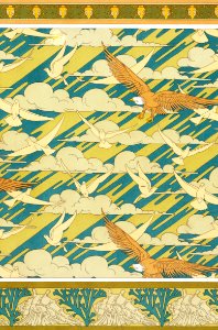 Carpocoris, bordure. Aigles et pigeons, papier peint. Coquillages et algues, bordure from L'animal dans la décoration (1897) illustrated by Maurice Pillard Verneuil.