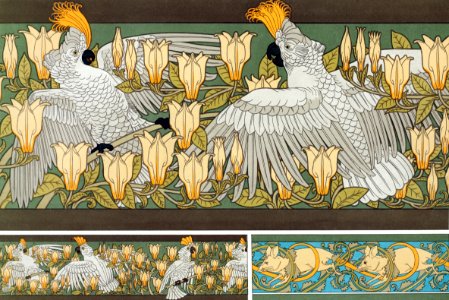 Cacatoës et magnolia, bordure. Souris blanches from L'animal dans la décoration (1897) illustrated by Maurice Pillard Verneuil.. Free illustration for personal and commercial use.