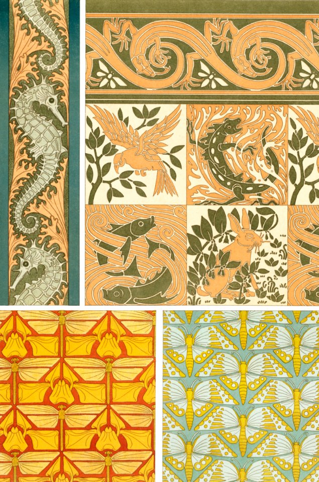 Hippocampes et algues, bordure. Les quatre éléments, carreaux céramiques, et lézards, bordure. Iris et libellules, papillons, jeux de fond from L'animal dans la décoration (1897) illustrated by Maurice Pillard Verneuil.. Free illustration for personal and commercial use.