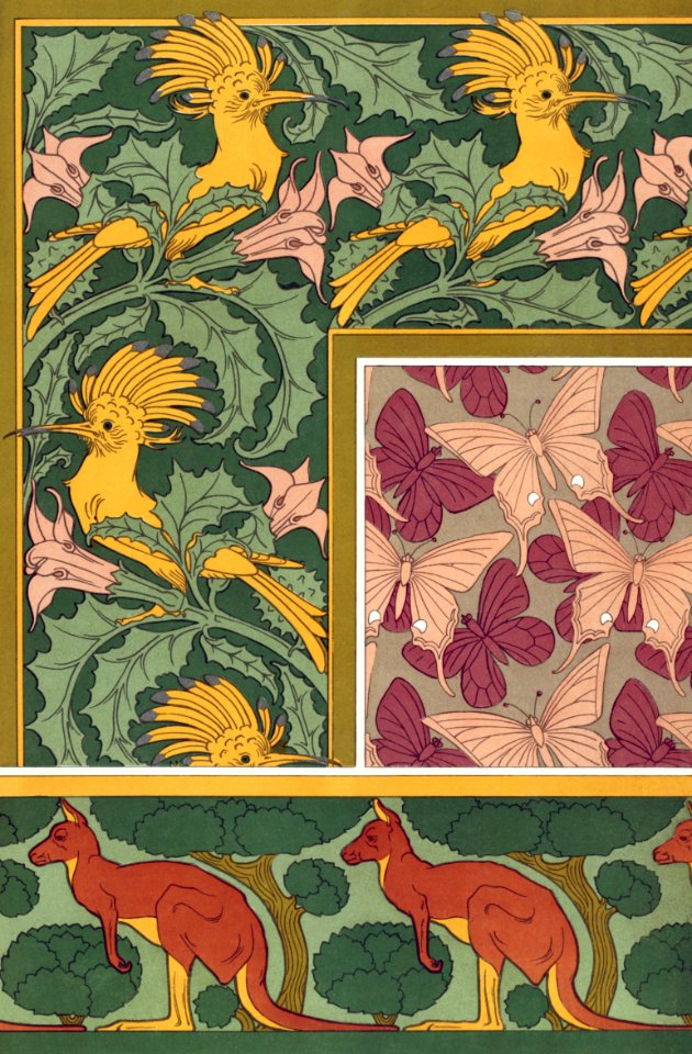 Huppes et stramoine, bordure. Papillons, étoffe de soie. Kangourou et arbres, bordure from L'animal dans la décoration (1897) illustrated by Maurice Pillard Verneuil.