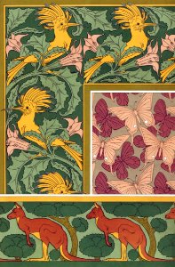 Huppes et stramoine, bordure. Papillons, étoffe de soie. Kangourou et arbres, bordure from L'animal dans la décoration (1897) illustrated by Maurice Pillard Verneuil.
