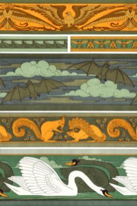 Oiseaux. Libellules. Mouches. Chauve-souris. Écureuils et noisettes. Cygnes, bordures from L'animal dans la décoration (1897) illustrated by Maurice Pillard Verneuil.
