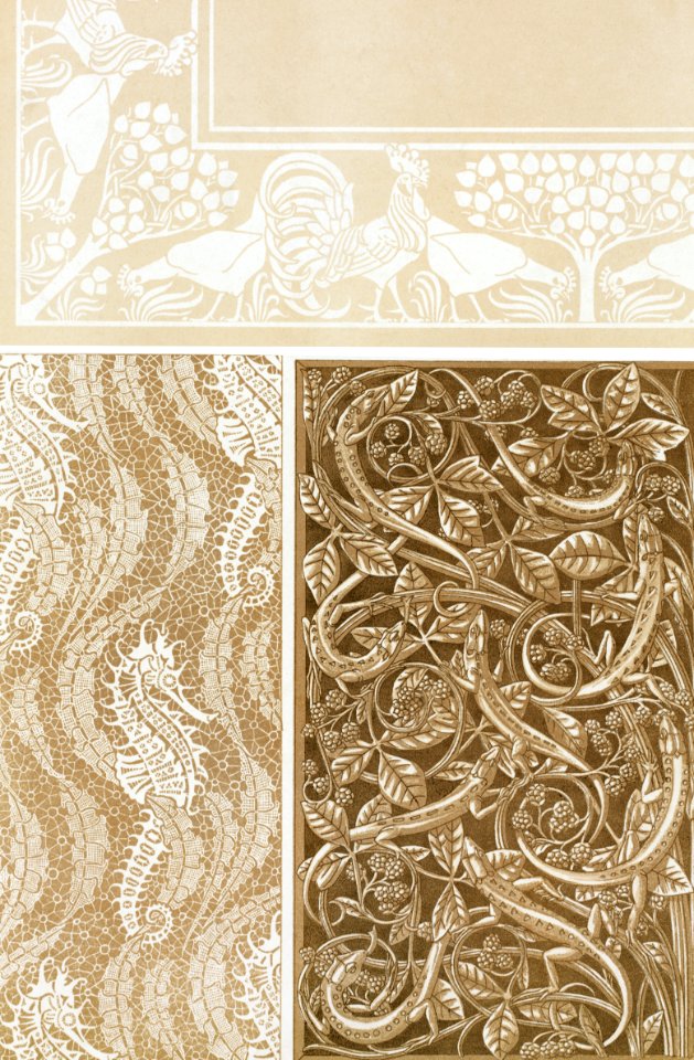 Coqs et poules, damassé; hippocampes et algues, dentelle; lézards et ronces, grille en bronze from L'animal dans la décoration (1897) illustrated by Maurice Pillard Verneuil.