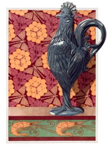 Coq, vase argent ciselé. Ombelles et libellules, jeu de fond. Crevettes, bordure from L'animal dans la décoration (1897) illustrated by Maurice Pillard Verneuil.