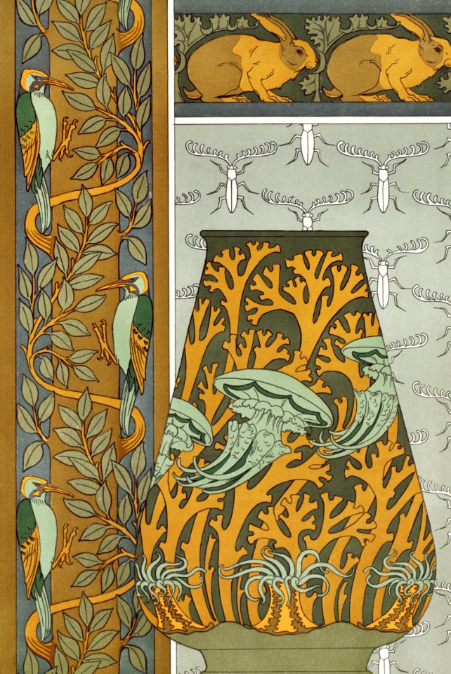 Piverts et arbre, bordure verticale. Lapins et feuilles, bordure. Méduses, anémones de mer et algues, vase. Insectes, jeu de fond from L'animal dans la décoration (1897) illustrated by Maurice Pillard Verneuil.