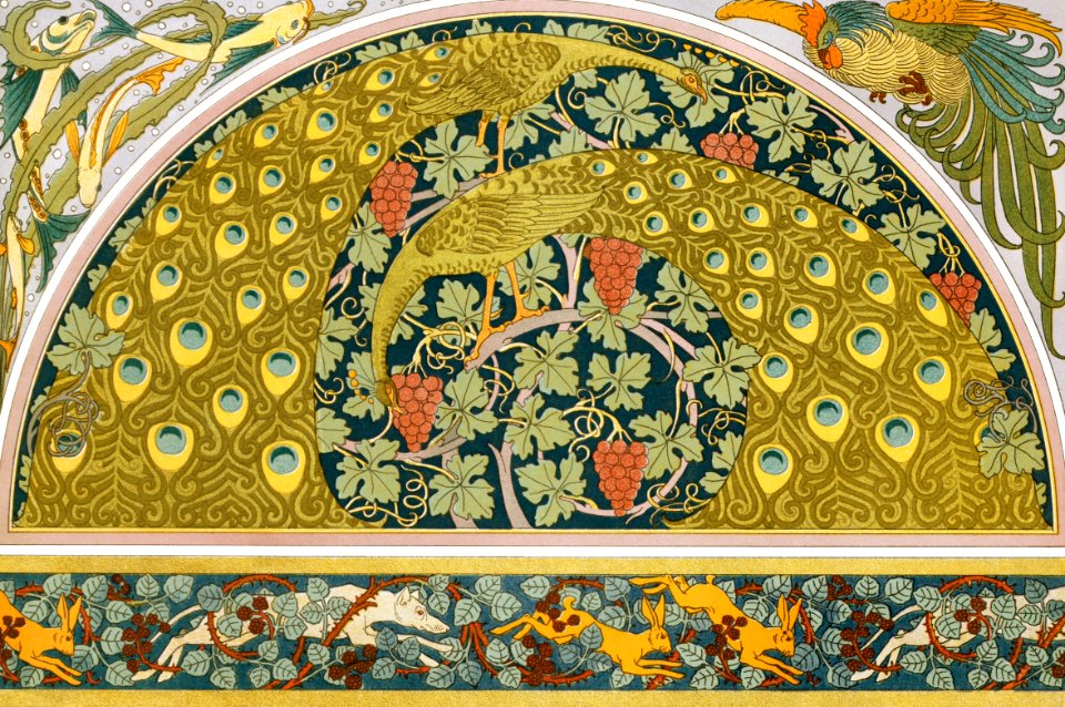 Poissons et algues, coq, écoinçon; paons et vigne; lièvres, chiens et ronces, bordure  from L'animal dans la décoration (1897) illustrated by Maurice Pillard Verneuil.