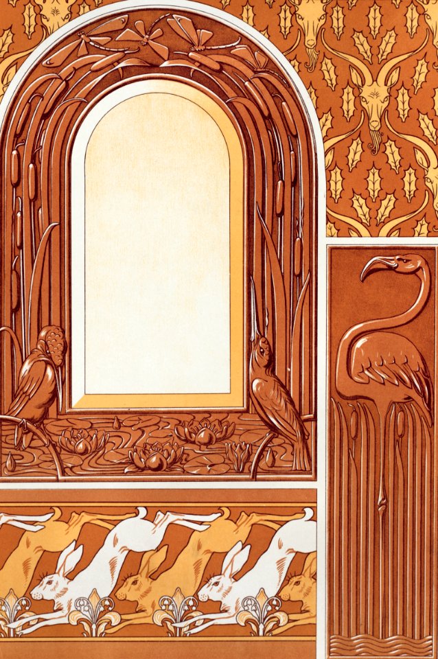 Têtes de chèvres, semis. Flamant, plaque cuivre fondu. Martins-pêcheurs, libellules, roseaux et nénuphars, encadrement de miroir cuivre repoussé. Lapins et muguet, frise from L'animal dans la décoration (1897) illustrated by Maurice Pillard Verneuil.