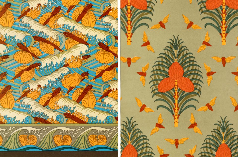 Poissons volants et vagues, papier peint. Cigales et pin, papier peint. Coquilles de nautiles, bordure from L'animal dans la décoration (1897) illustrated by Maurice Pillard Verneuil.
